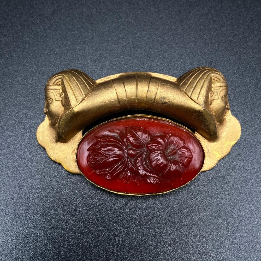 Vintage Egyptian Revival Pressed Glass Floral Brooch Pharaoh Sphinx Czech Glass